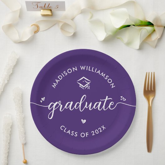 Assiettes En Carton Purple Graduation Script Hearts Cap Icon Modern (Mariage)