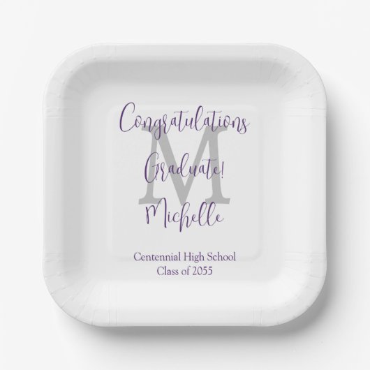 Assiettes En Carton Purple Grey Blanc Monogrammé Parti de Graduation (Recto)