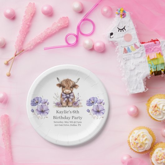 Assiettes En Carton Purple Highland Cow fête d'anniversaire (Fête)
