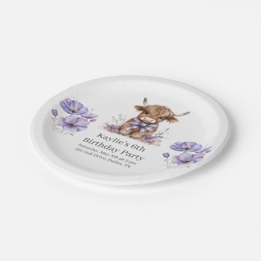 Assiettes En Carton Purple Highland Cow fête d'anniversaire (Angle)