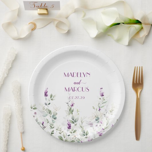 Assiettes En Carton Purple Lavender Stems Verdure Réception de mariage (Mariage)