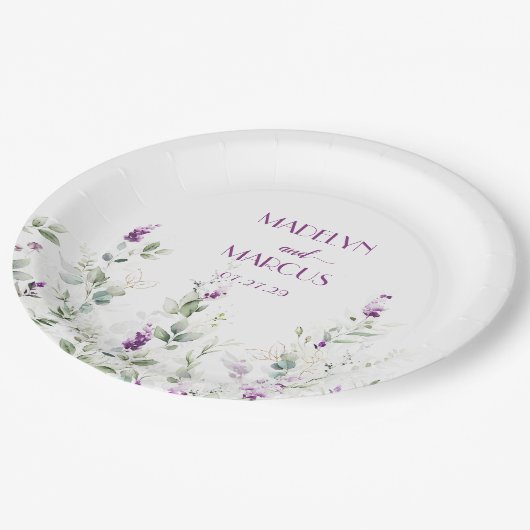 Assiettes En Carton Purple Lavender Stems Verdure Réception de mariage (Angle)
