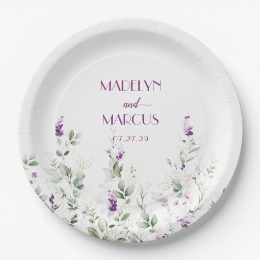 Assiettes En Carton Purple Lavender Stems Verdure Réception de mariage (Devant)