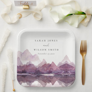 Assiettes En Carton Purple Lilac Watercolor Mariage du lac Mountain