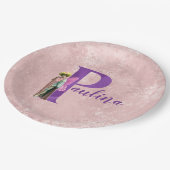 Assiettes En Carton Purple Shimmer Illustré Lettre P Ajouter Nom (Angle)
