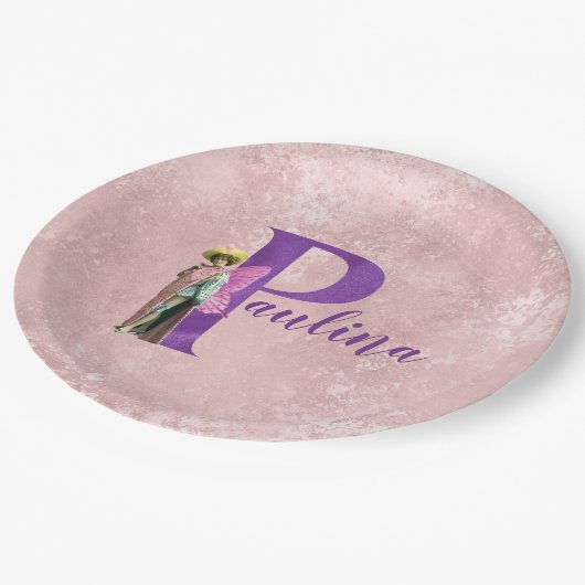 Assiettes En Carton Purple Shimmer Illustré Lettre P Ajouter Nom (Angle)