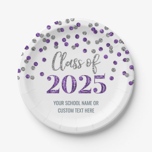 Assiettes En Carton Purple Silver Confetti Graduation 2025 (Devant)