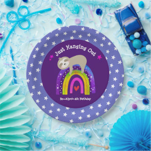 Assiettes En Carton Purple Sloth Boho Arc-en-ciel Anniversaire papier