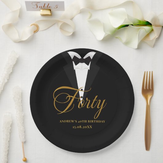 Assiettes En Carton Quarante | Gold & Black Lettering 40e anniversaire (Mariage)