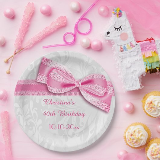 Assiettes En Carton quarantième Damassé d'anniversaire et arc roses de (Fête)