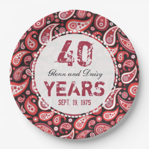 Assiettes En Carton quarantième Motif rouge de Paisley d'anniversaire