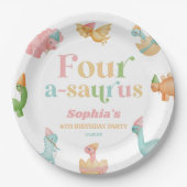 Assiettes En Carton Quatre A-Saurus Dinosaur 4e fête d'anniversaire (Devant)