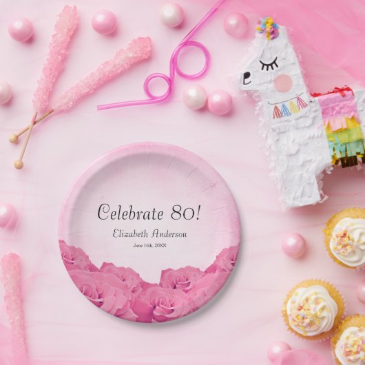 Assiettes En Carton Quatre-vingtième fête d'anniversaire de roses (Fête)