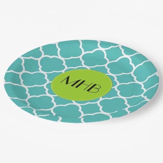 Assiettes En Carton Quatrefoil bleu, Trellis marocain, Monogramme (Angle)