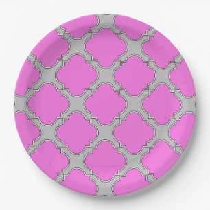 Assiettes En Carton Quatrefoil rose et gris
