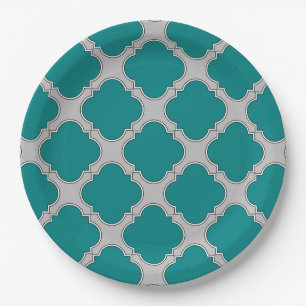 Assiettes En Carton Quatrefoil turquoise et gris