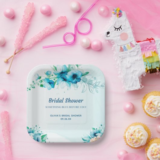 Assiettes En Carton Quelque Chose de Bleu Fleurs Aquarelle Shower de M (Fête)