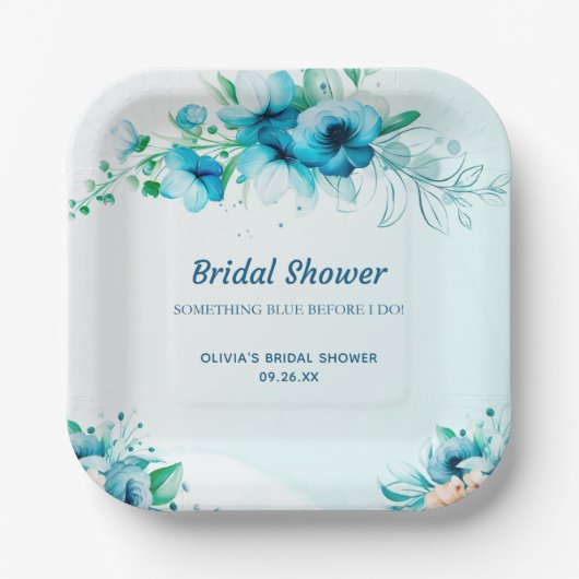Assiettes En Carton Quelque Chose de Bleu Fleurs Aquarelle Shower de M (Recto)