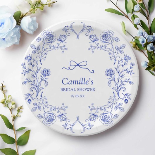 Assiettes En Carton Quelque chose de Fête des mariées Florale Bleue