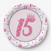 Assiettes En Carton Quinceañera 15e anniversaire rose pourpre couronne (Devant)