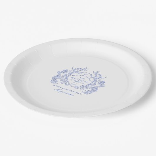 Assiettes En Carton Quinceanera bleu français Floral Crest Custom (Angle)