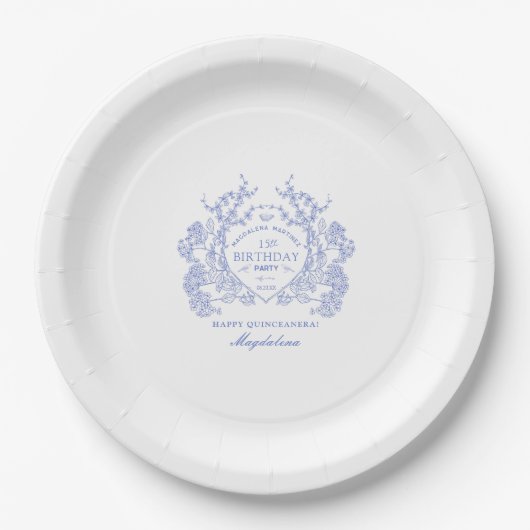 Assiettes En Carton Quinceanera bleu français Floral Crest Custom (Devant)