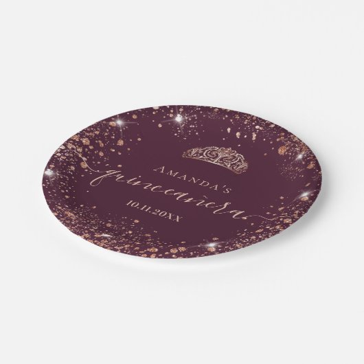 Assiettes En Carton Quinceanera Bourgogne rose or tiara nom script (Angle)