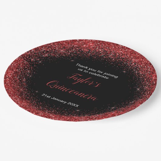 Assiettes En Carton Quinceanera Bright Red Faux Parties scintillant (Angle)