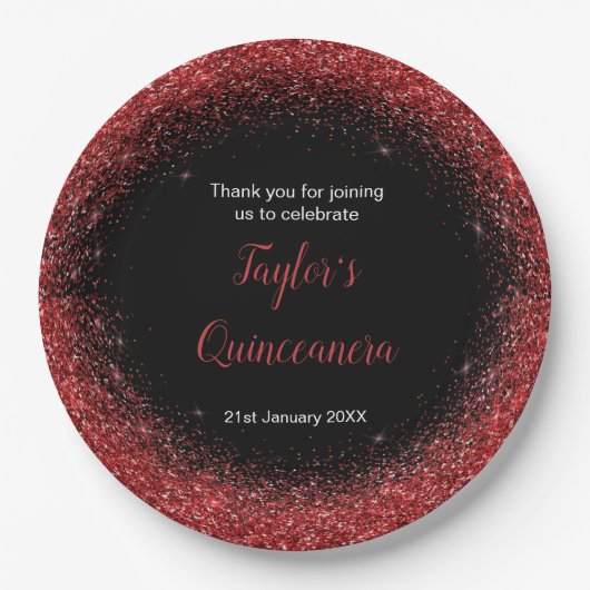 Assiettes En Carton Quinceanera Bright Red Faux Parties scintillant (Devant)