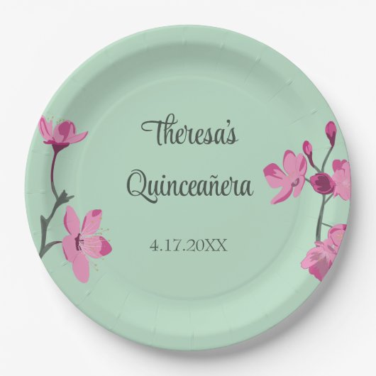Assiettes En Carton Quinceanera en fleurs de cerisier rose et menthe v (Devant)