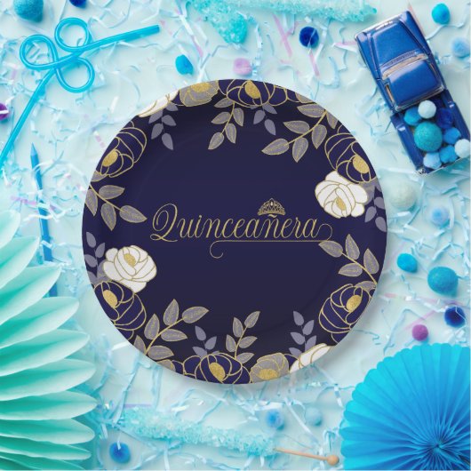 Assiettes En Carton Quinceanera et Tiara Botanique en Bleu et Or (Fête)