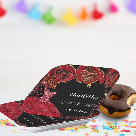 Assiettes En Carton Quinceanera fleurs de robe rouge noire