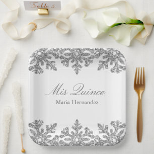 Assiettes En Carton Quinceanera hivernale de flocons d'argent