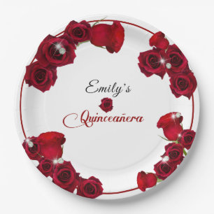 Assiettes En Carton Quinceanera Jolies Roses Rouges Diamants  