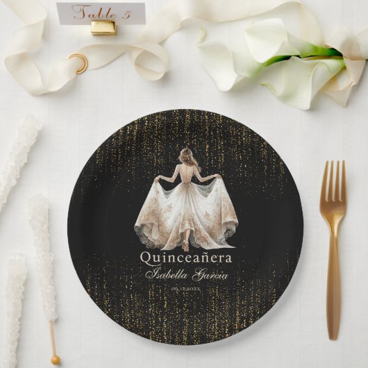 Assiettes En Carton Quinceañera Luxe Black Ivory Gold Personnalisé (Mariage)