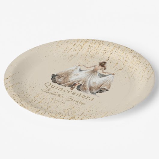 Assiettes En Carton Quinceañera Luxury Ivory Gold Personnalisé (Angle)