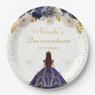Assiettes En Carton Quinceañera princesse florale bleu marine