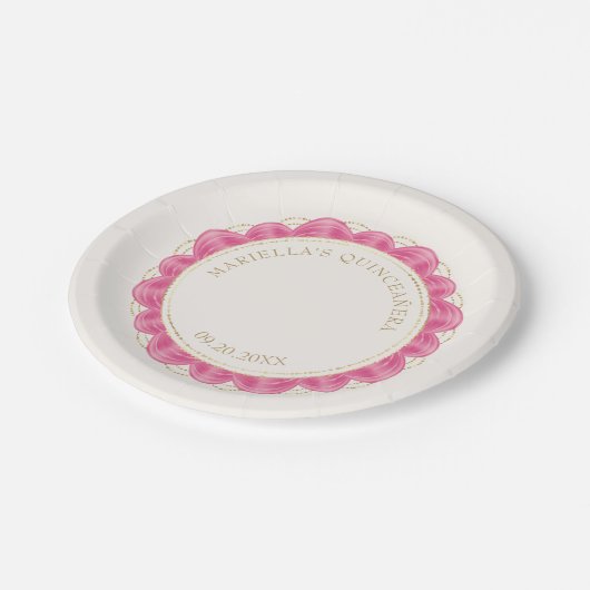 Assiettes En Carton Quinceanera rose chaud (Angle)