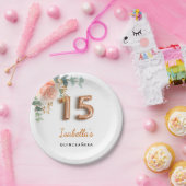 Assiettes En Carton Quinceanera rose floral or eucalyptus monogramme (Fête)