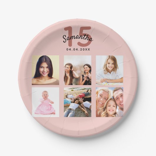 Assiettes En Carton Quinceanera rose or blush photo nom (Devant)