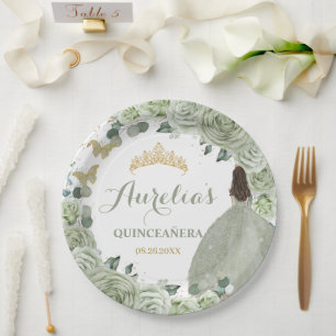 Assiettes En Carton Quinceañera Sage Green Floral Princess Papillons