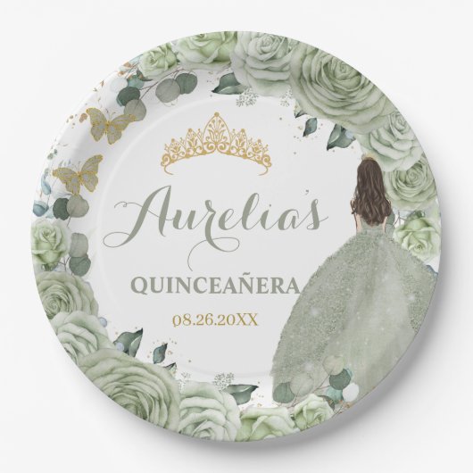 Assiettes En Carton Quinceañera Sage Green Floral Princess Papillons (Devant)