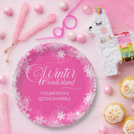 Assiettes En Carton Quinceanera Winter Wonderland Snowflake rose (Fête)