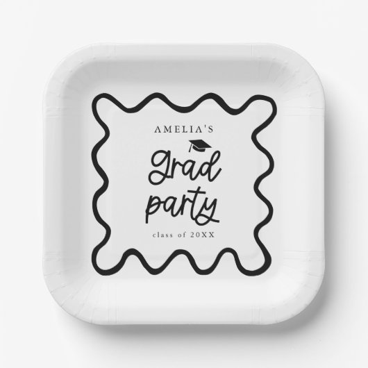 Assiettes En Carton Quirky Wavy Line White Grad Party (Recto)