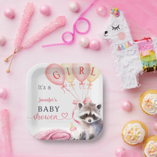 Assiettes En Carton Raccoon Baby shower Girl rose mignon papier (Fête)