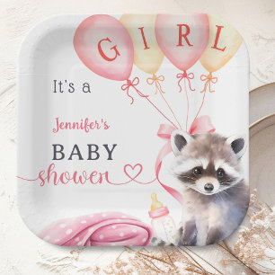 Assiettes En Carton Raccoon Baby shower Girl rose mignon papier