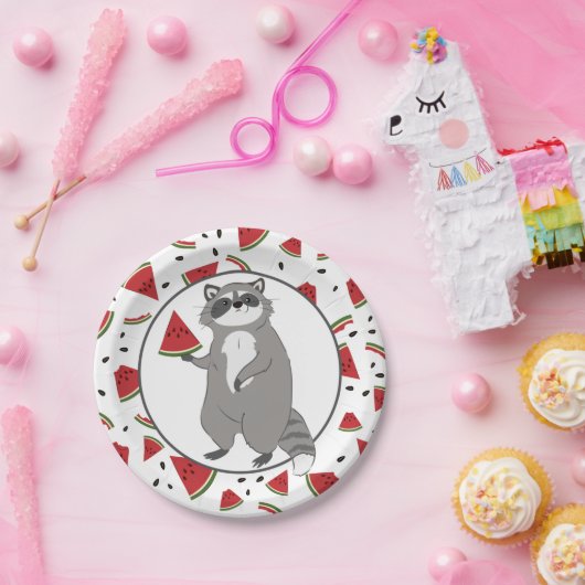Assiettes En Carton Raccoon mignon avec morceaux de pastèque (Fête)