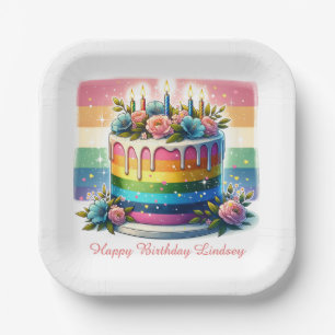 Assiettes En Carton Rainbow Cake Bonne fête d'anniversaire Personnalis