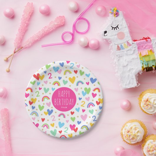 Assiettes En Carton Rainbow Hearts 2e fête d'anniversaire Nom personna (Fête)
