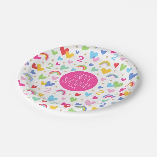Assiettes En Carton Rainbow Hearts 2e fête d'anniversaire Nom personna (Angle)